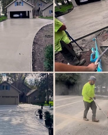 Four fresh gray concrete driveways being finished in Wilson, NC