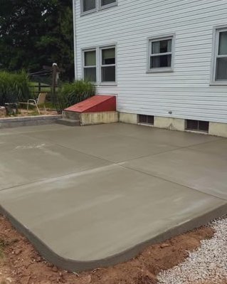 Fresh gray concrete patio with a rounded corner beside a white house in Wilson, NC